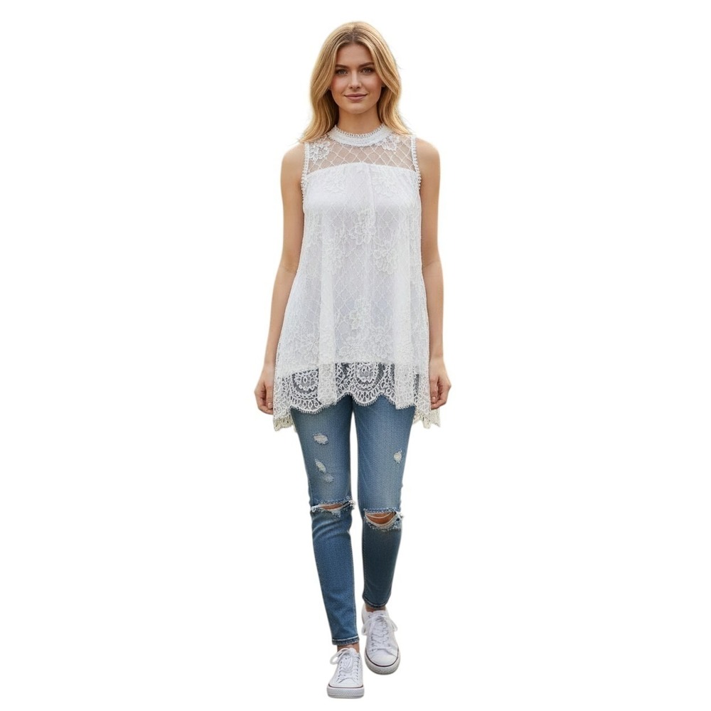 Ultra Pink Victorian Sleeveless Lace Top Women's Small White High Neck Lined